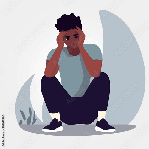 Sad man suffering from depression, vector illustration