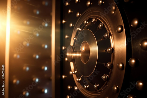 A close-up of a safe or vault door with bokeh lights in the background, representing business security and protection - business concept, bokeh Generative AI
