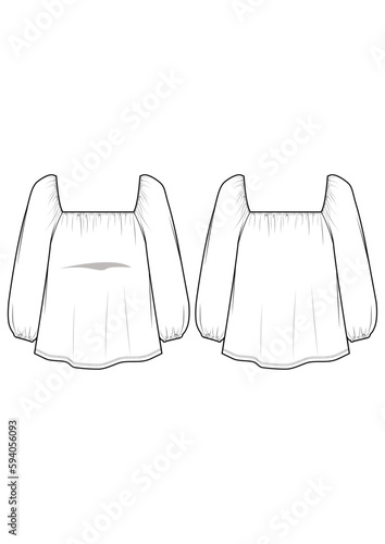 Womenswear squareneck 3/4 sleeves flutter top blouse shirring detail technical drawing / flat sketch /CAD / ADOBE Illustrator vector digital download