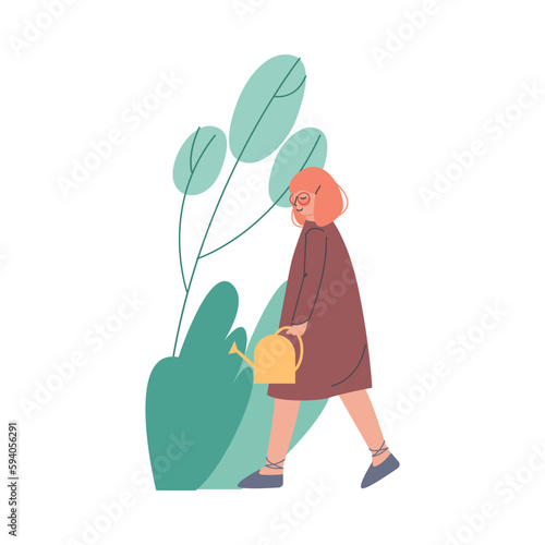 Woman Character at Greenhouse Walking with Watering Can Planting and Cultivating Flower Vector Illustration