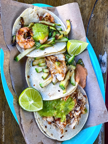 Traditional Mexican Prawn tacos close up. Mexican street food
