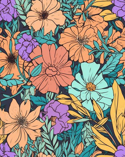 colorful large flowers illustration drawing seamless tile background genrated by ai © Arturo