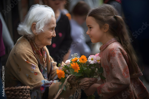 The girl gives flowers to her grandmother, Mother's Day, Generative AI 2 © Alina
