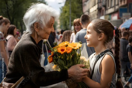 The girl gives flowers to her grandmother, Mother's Day, Generative AI 3