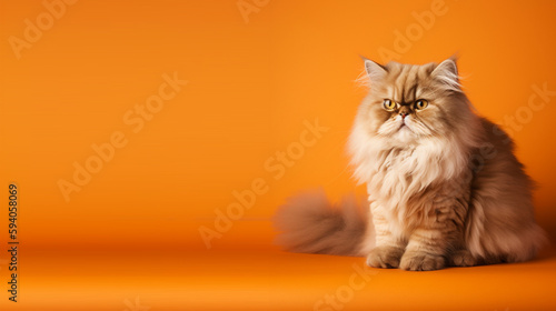 brown persian cat portrait orange background. with copy space. generative ai photo