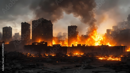 Generative AI ilustration of apocaliptic burning city ruins