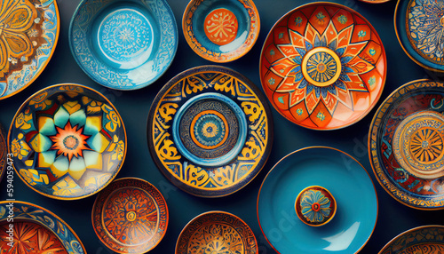 Bright colored ceramic plates with an oriental pattern on a blue background. Generative AI