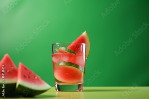 Copo de bebida deliciosa e melancia fresca sobre fundo verde claro