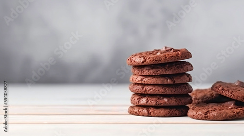 Fresh homemade chocolate chip cookies on a wooden background. Generative AI.