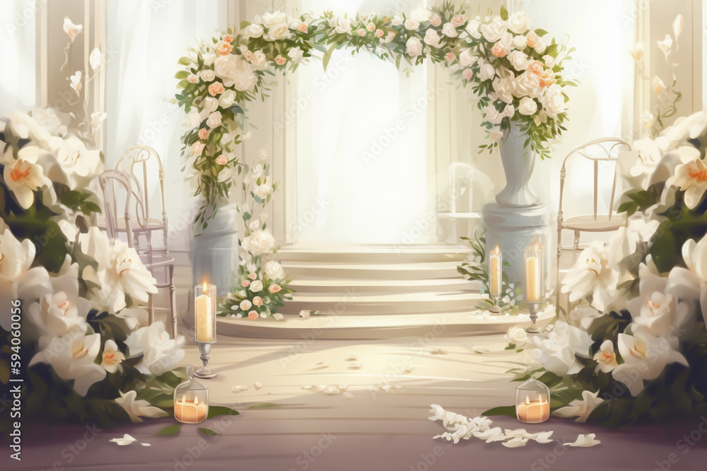 wedding background, flowers, altar, wedding dress, generative ai