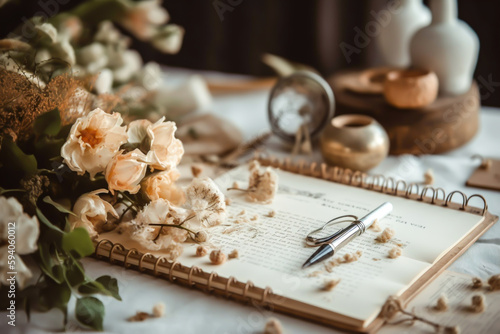 close up view of checklist and wedding invitations on a white wooden tabletop, generative ai