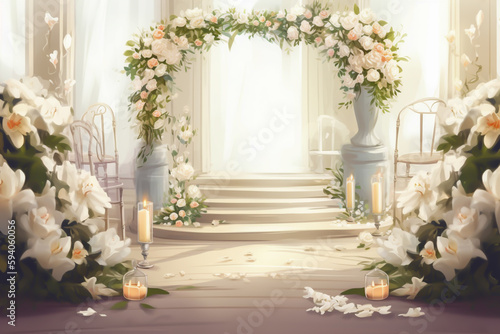 wedding background, flowers, altar, wedding dress, generative ai