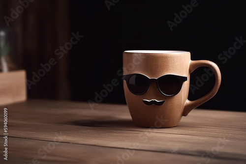 Feliz dia dos pais conceito com xícara de café cinza, bigode e óculos na mesa de madeira sobre fundo marrom