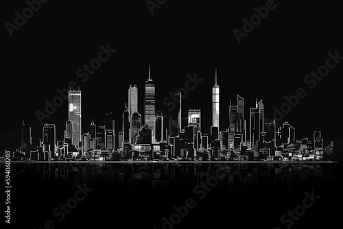 city skyline  dark black and white style of reflective effects  generative ai