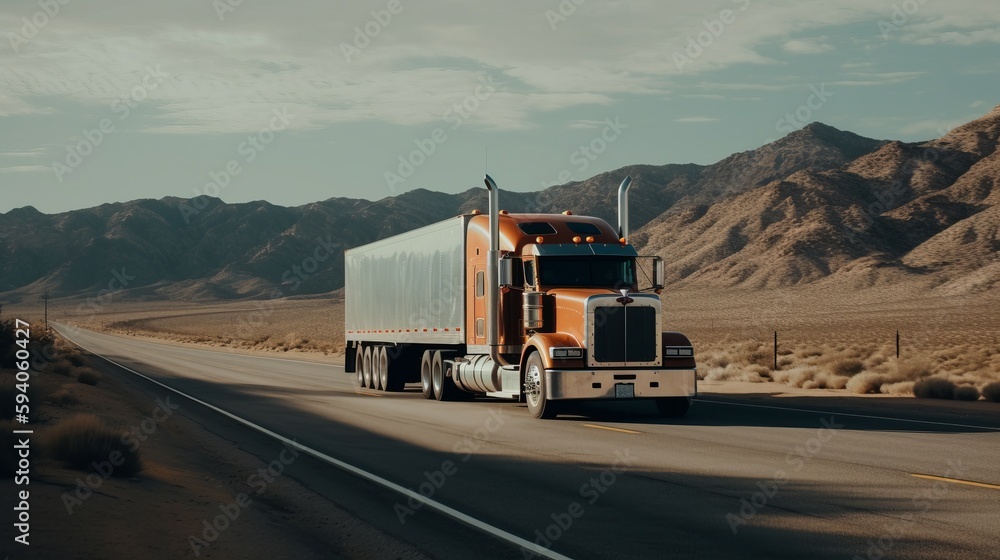 Big rig long haul semi truck at high speed on freeway. Al generated Big rig long haul semi truck at high speed on freeway. Al generated