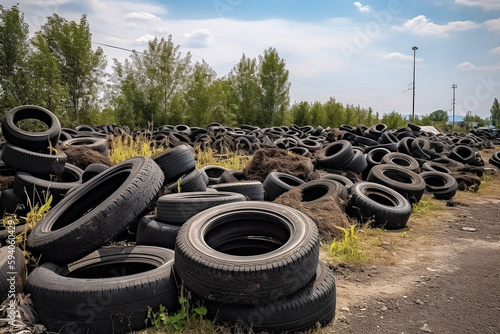 Fotografia aterro com pneus velhos para reciclagem