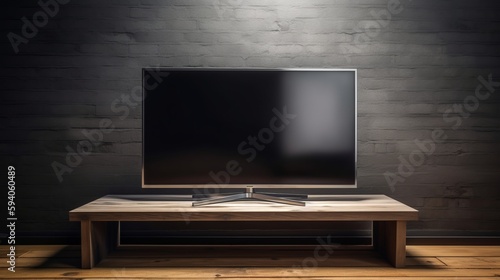 Blank smart TV screen on wooden table close-up realistic. Al generated