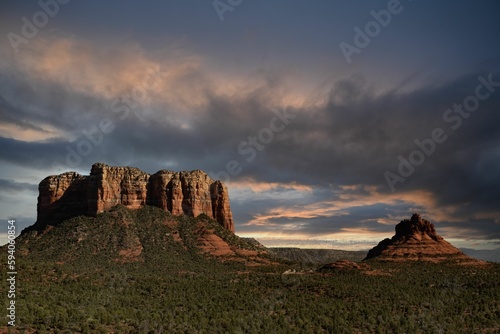 Scenic view of castle rock formation in Sedona, AZ, USA on a cloudy day
