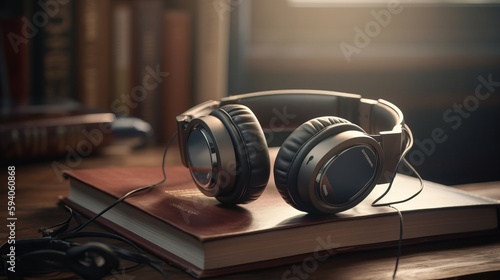 Books and headphones on a wooden table realistic photorealistic. Al generated
