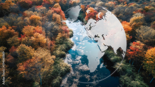 Autumn in the forest, with river running through it, earth globe overlay, nature and environment background, colorful leaves during atumn season photo