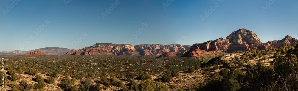 Panoramic view of the landscape of the beautiful sandstone formations in Sedona Panoramic view of the landscape of the beautiful sandstone formations in Sedona