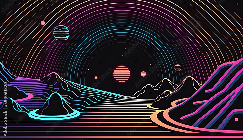 Fototapeta premium Planet and space neon abstract background retro new quality universal colorful technology stock image illustration design generative a