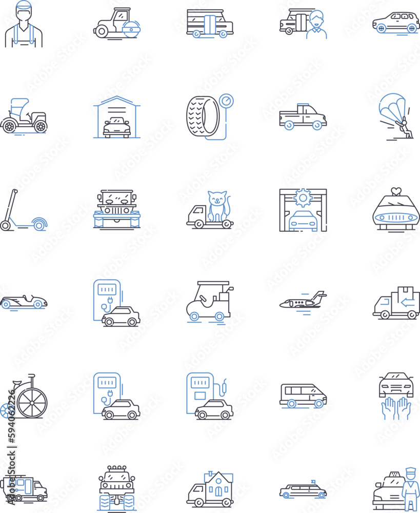 Transit solutions line icons collection. Transport, Commute, Mobility, Transit, Public, Mass, Buses vector and linear illustration. Trains,Railways,Metro outline signs set