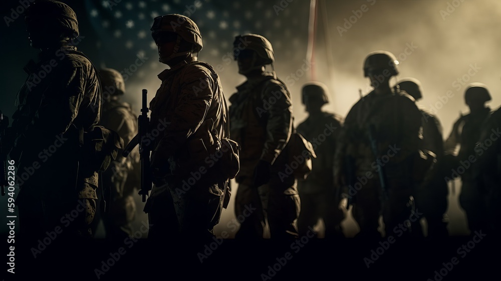 Conceptual US Flag with American soldiers silhouette. Al generated Conceptual US Flag with American soldiers silhouette. Al generated