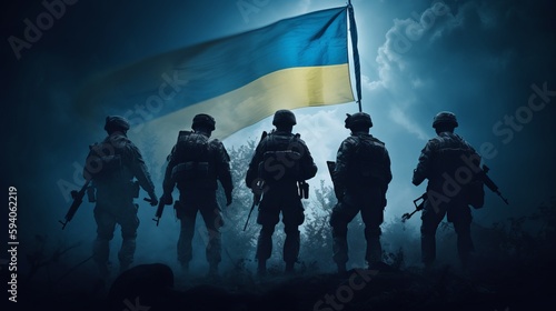 Conceptual ukrainian flag with ukraine soldiers. Al generated photo