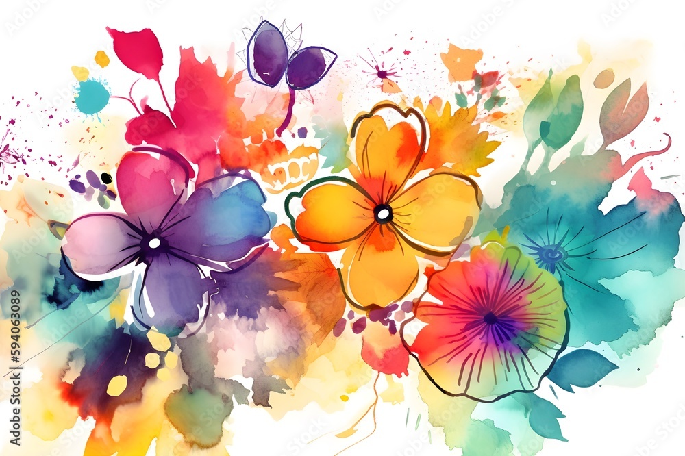 Colorful abstract summer artistic watercolor flowers illustration, colorful, flowers, illustration, watercolor, decorative. Generative AI