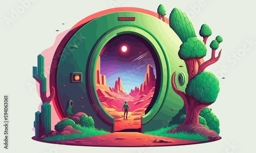 Portal to another world. Cartoon transition to another world. Vector illustration