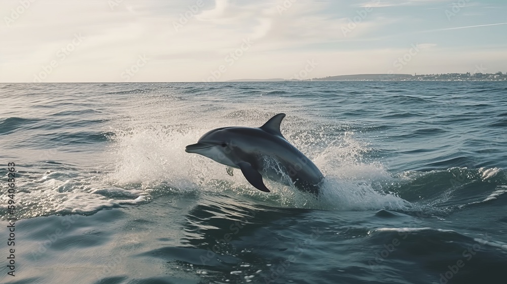 Fototapeta premium Dolphin jumping in sea water realistic photo realistic. Al generated