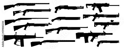 Weapons silhouette set. Collection of various shotguns. Vector illustration photo