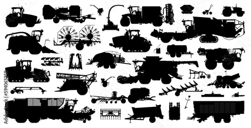 Agricultural silhouette set. Collection of various realistic agri vehicles and equipment. Vector illustration