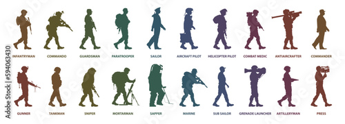 Military professions set. Side view silhouette of soldiers on white background. Vector illustration