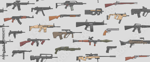 Seamless weapons pattern. Outline colorful icons. Isolated guns on white background. Vector illustration