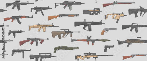 Seamless weapons pattern. Outline colorful icons. Isolated guns on white background. Vector illustration photo