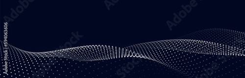 Wave of flowing particles on a dark background. Abstract backdrop with dynamic elements of waves and dots. Vector