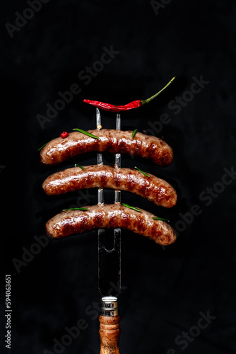 grilled beef sausages on a meat vidka on a dark background photo