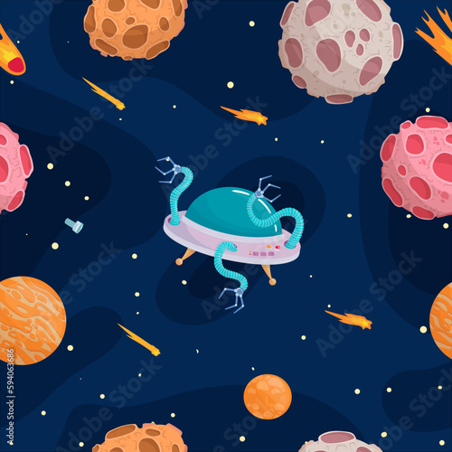 UFOs, spaceships, rockets. Solar system, intergalactic travel. Galaxies, planets, asteroids, comets, shooting stars. Vector illustration in cartoon style on a white background.