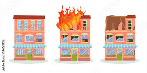 A destroyed building after a fire or an earthquake. Ruined city buildings after the war. Damaged city with old broken dilapidated housing. Vector illustration isolated on white background.