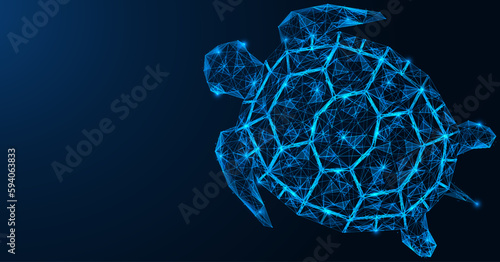 Sea turtle. Polygonal design of interconnected lines and points. Blue background.