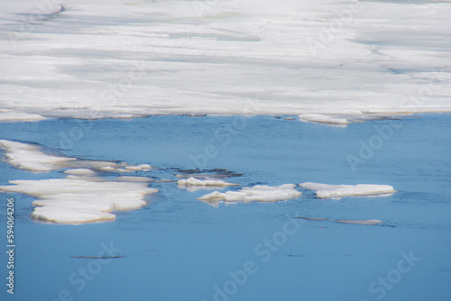 Melting ice in the spring on a lake in the Canadian forest in Quebec