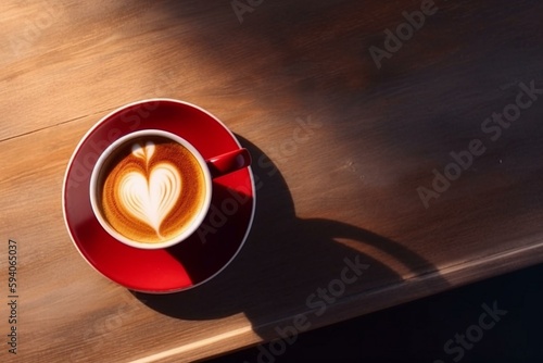 Top view of beautiful heart shape latte art in maroon red coffee cup, saucer on wooden table with empty space in sunlight in cafe for love, relaxation, health, energy product. Generative AI
