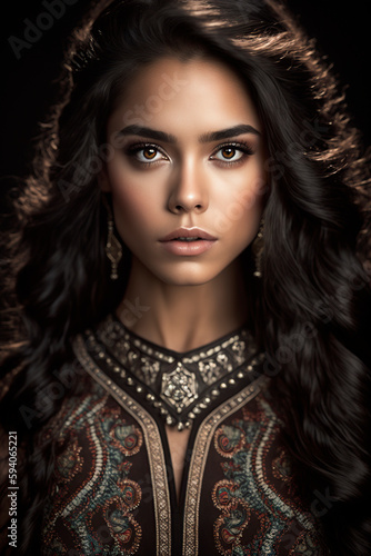 portrait of a woman, studio image of a beautiful latina woman with black hair, image created with artificial intelligence