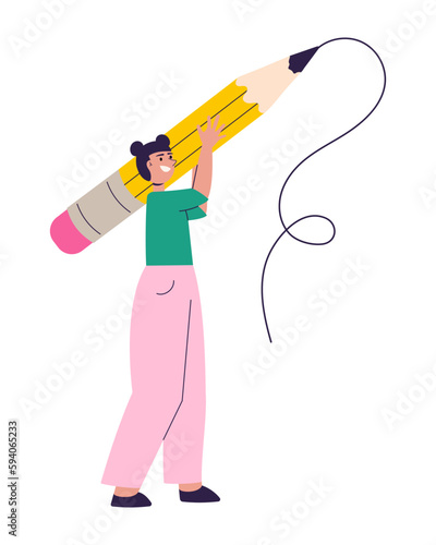 Female student holding big pencil. Happy young girl, artist, writing with large pencil. Back to school and education, knowledge concept. Flat cartoon vector illustration