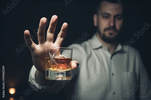 O homem se recusa a dizer não e evita beber um uísque alcoólico, parando o sinal de mão masculino, tratamento de alcoolismo, dependência de álcool, parar de beber, parar de beber álcool. Recusar licor photo