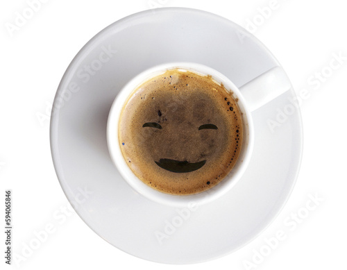 hot smiling coffee in white mugs with, isolated over a transparent background, hot drink, beverage design element, flat lay, top view
