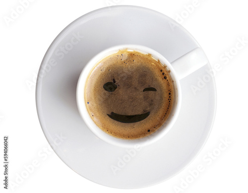 hot winking coffee in white mugs with , isolated over a transparent background, hot drink, beverage design element, flat lay, top view