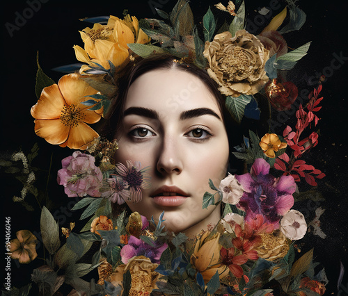 Collage with beautiful female portrait and flowers. AI generated image.